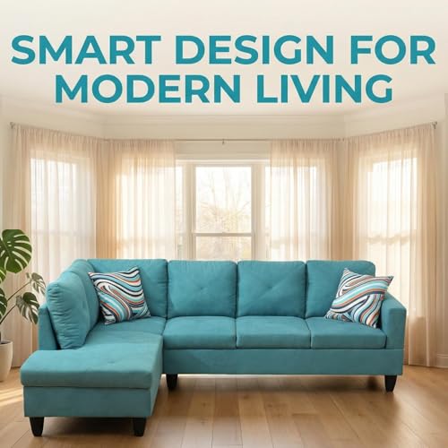 Image of L-Shaped Sectional Sofa, Modern 4-Seat Couch with Left Facing Chaise, Sectional Couch for Living Room, Apartment, Office, Blue