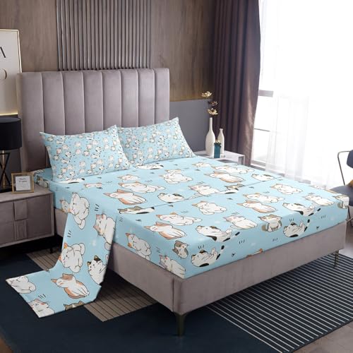 Erosebridal Cartoon Cat Bed Sheet King, Kawaii Garfield Cat Sheet Set for Cat Lovers, Kitten Paw Heart Pattern Fitted Sheet, Cartoon Animals Flat Sheet Lovely Cat Soft Microfiber Top Sheet, Blue 4Pcs