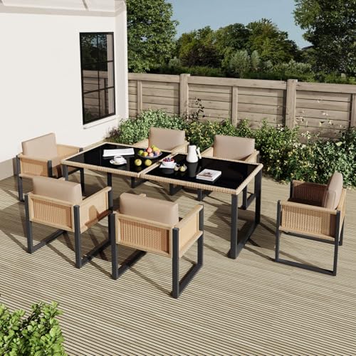 KOMHTOM Salon de Jardin 7 Pièces, Ensemble Repas en Résine Tressée avec Table en Verre Trempé 170 cm et 6 Chaises, Coussins Lavables, Pieds...