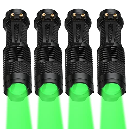 Honoson 4 Packs Hunting Light Flashlights LED Torch with 3 Modes LED Zoomable Scalable Light Flashlight Torch for Fishing Hunting Night Observation, Batteries Not Included(Green)