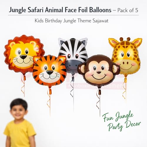 Image of Propsicle Jungle Safari Animal Foil Balloons Kids Birthday Decoration | Pack of 5 lion tiger zebra monkey giraffe 1st 2nd birthday boy girl annaprashan forest wild one cartoon animal photo backdrop