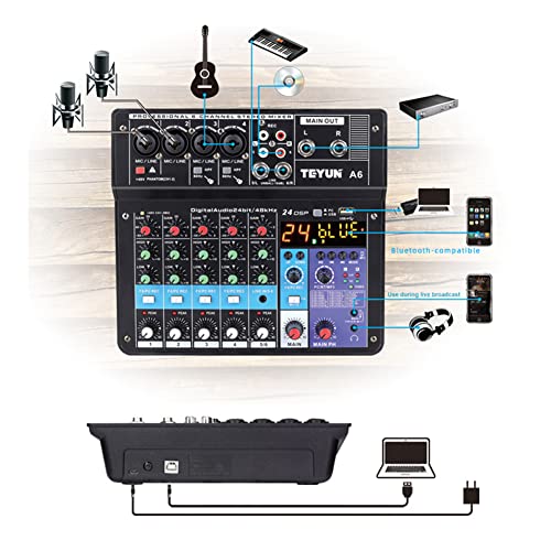 Mixer Audio Protable Mixer Som Mini A6 6Ch Console com Placa de Som Gravação Usb Canto Webcast Party