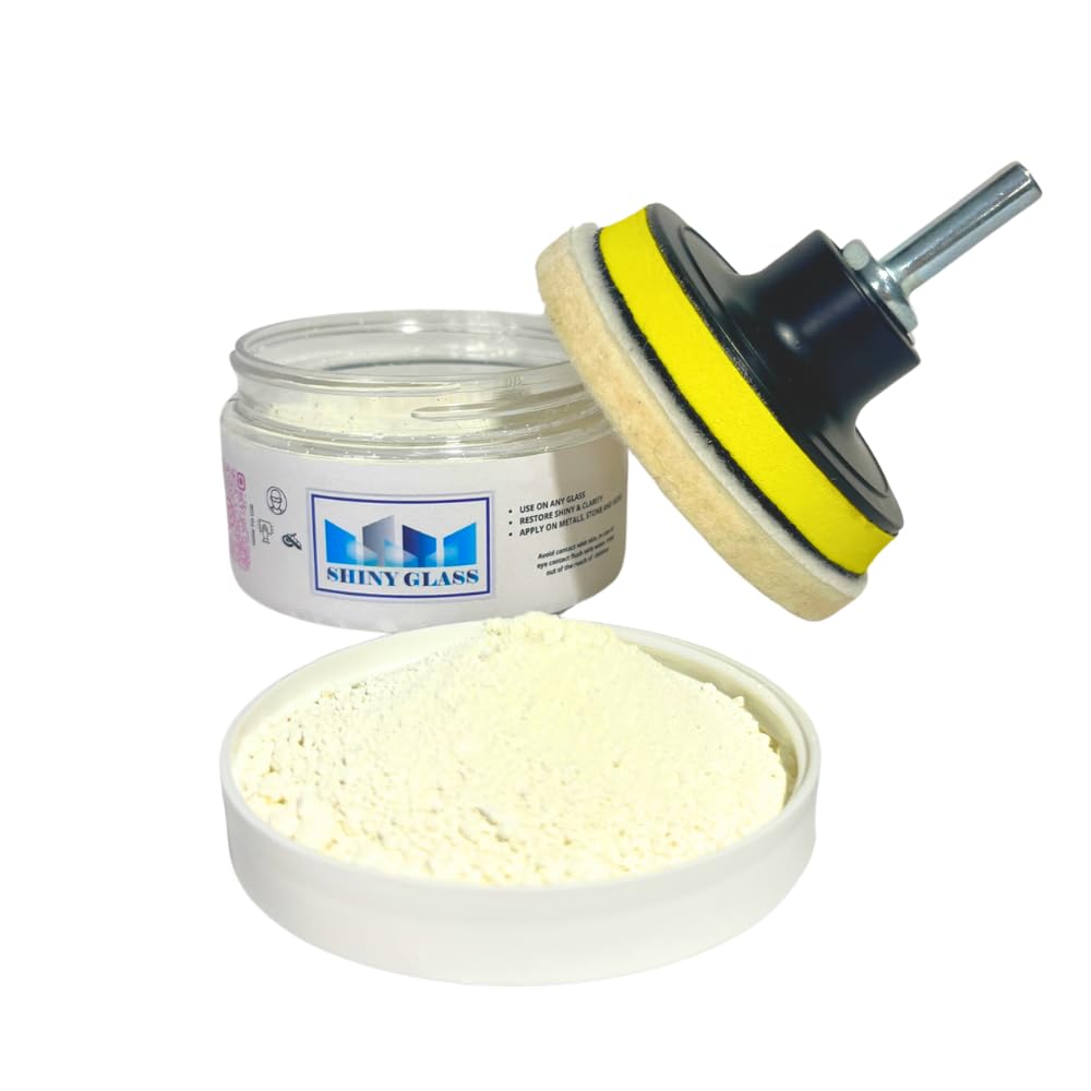 Pro Glass Polishing Kit, Oxido de Cerio, TREO 99.9%, High Grade Cerium Oxide Powder 3.52 oz, Wool Felt Disc + Drill Adapter, Glass Scratch Remover