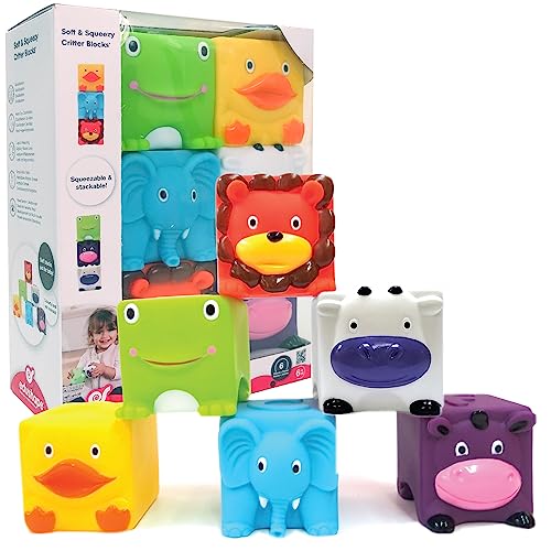 Edushape Soft & Squeezy Critter Blocks - Set of 6 Animal Soft Baby Blocks - Stacking Blocks in Animal Shapes - Soft Baby Blocks for Toddlers, Babies - Construction Sensory Play and Child Development