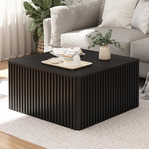 Fluted Square Coffee Table with Storage Large Wood Center Table with Solid Wood Veneer Top Mid Century Modern Low Coffee Table for Living Room, Black