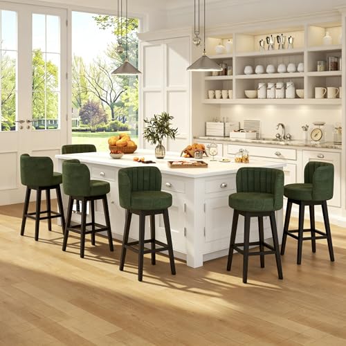 Image of COCO DESIGN Swivel Bar Stools Set of 6, 30 inch Bar Height Mid Century Modern Barstools with Back, Chenille Upholstered Seat and Solid Wood Legs, for Bar Kitchen Island, Elegant Green