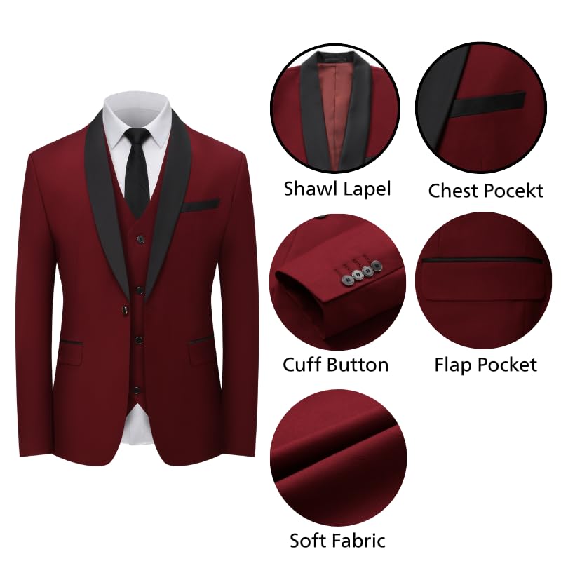 Men's 3 Piece Slim Fit Suit, Formal Business Tuxedo Set with Jacket, Vest, Pants, 4 Button Design for Wedding4
