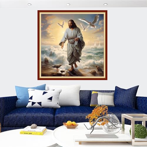 Image of Findvoor Stamped Cross Stitch Kits for Beginners Full Range of Cross Stitching Embroidery Pattern for Adults, 11CT DIY Needlepoint Embroidery Starter Kits-Jesus by Sea 17.7x17.7 inch