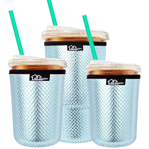 Image of WKIEASON Reusable Iced Coffee Sleeves 16-32OZ PU Leather Neoprene Coffee Cup Sleeves Insulator Cover for Cold Drinks Beverages, Starbucks, McDonalds, Dunkin Donuts and More(Blue Set)