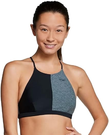 Speedo Damen Bikini Top - High Neck, Schwarz, Größe S - UPF 50+ & Chlorbeständig