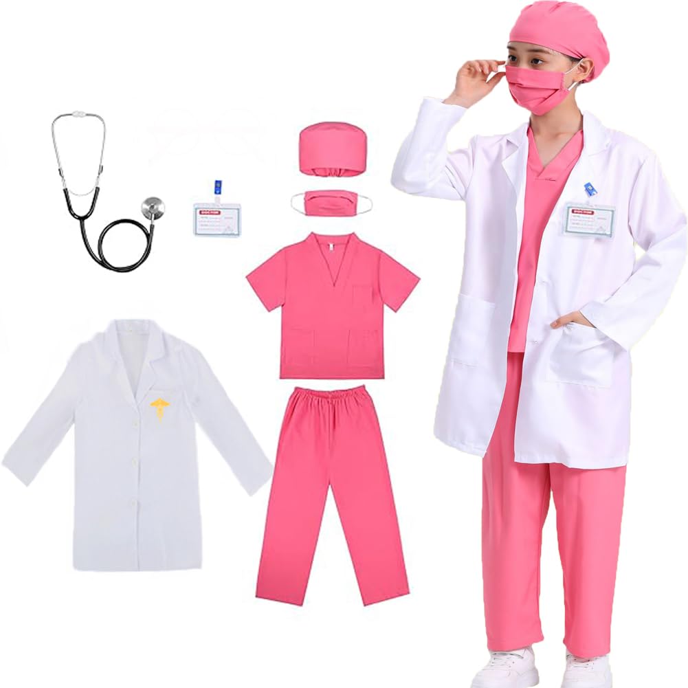 IDOTTA Doctor Costume Kit Pretend Play Dress-Up Set including Scrubs Pants Lab Coat Stethoscope ID Card For Kids Girls 3-10 Years