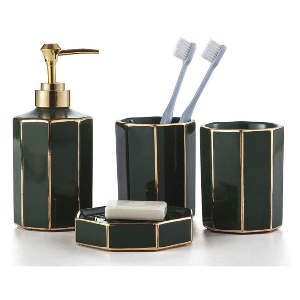 Bomba dispensadora Verde/Rosa Juego de accesorios de baño de 4 piezas Juego de lavado de baño de cerámica Vaso/Soporte para cepillo de dientes/Caja de jabón/Dispensador de jabón Dispensador de loció