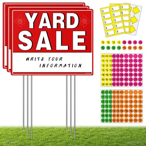 Yard Sale Signs Kit with Price Stickers (8 Pack) 3 Pcs Yard Sale Signs with Stakes 5 Pcs Garage Sales Price Stickers Directional Arrows Sign Garage Sales Supplies Large Prices Tags Double Sided