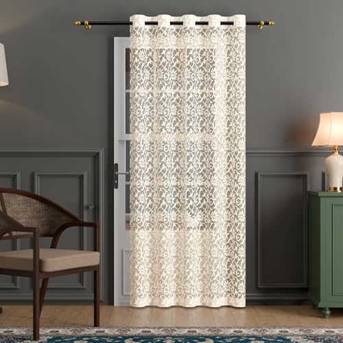 Image of Kuber Industries 7 Feet Net Cotton Door Curtain Vine Designfor Home Decor | Semi Sheer Grommet Curtains for Living Room /Bedroom | RC317 - Delhi Cream