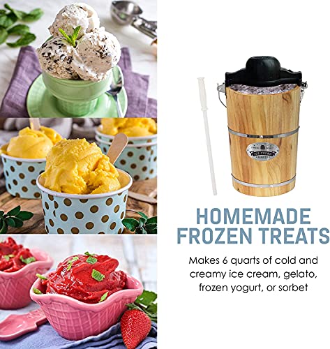 Elite Gourmet Eim916# Old Fashioned 6 Quart Vintage Wood Bucket Electric Ice Cream Maker Machine, *Bonus Classic Die-Cast Hand Crank For Churning, Uses Ice & Rock Salt Churn Ice Cream In Minutes, Pine #TOP3