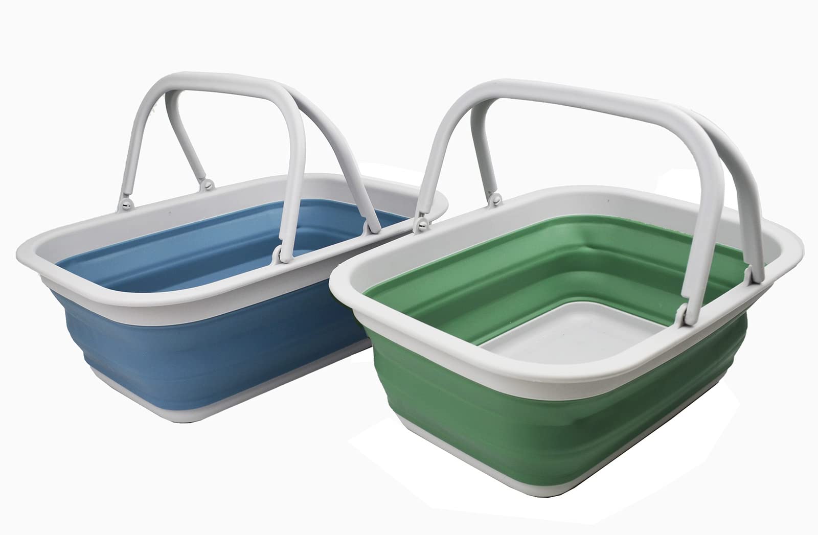 SAMMART 9.2L Collapsible Tub with Handle - Portable Outdoor Picnic Basket/Crater - Foldable Shopping Bag - Space Saving Storage Container (Dark Sea Green & Steel Blue, 2)