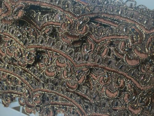 Embroidered Scallop Soutache Hand Sewn Trim 1.5" Glass Beads Brown Gold 1yd Fabric