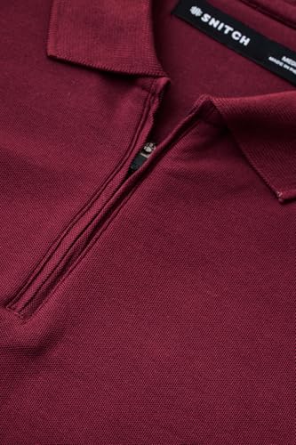 Image of SNITCH Men Polo T-Shirt | Modern Zip Closure & Textured Weave Design | 100% Cotton Breathable Fabric & Regular Fit Minimalist Style, Versatile Casual Wear