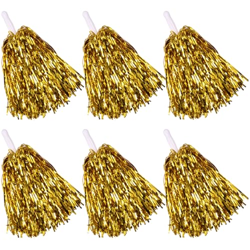yzhweln 6 Pcs Gold Cheerleading Pom Poms - School Spirit Shakers Metallic Foil Cheering Pompoms Cheer Pom with Baton Handle Plastic Squad for Adults Team Spirit Sports Party Cheering (6 Gold)
