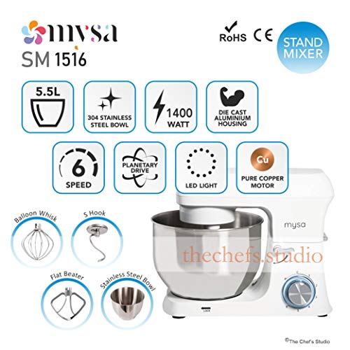 Image of MYSA SM-1516 Stand Mixer Food Mixer Tilt Head Heavy Duty Die Cast Aluminium Body, 5.5 Litres SS Bowl, 6 Speed with 1400 W Power for Baking and Cooking, Dough Hook, Wire Whisk and Beater, White