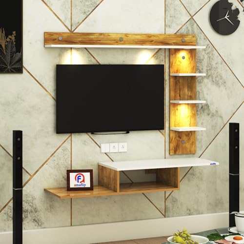 Image of Wintor Engineered Wood Wall Mounted TV Unit with 4 LED Lights,3 Open Shelves,1 Storage Box & Decorative Display Shelf for Living Room | Ideal for Upto 43 Inch TV- GiantWood /White(DIY Assembly)