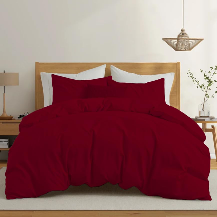 Rohi Easy Care plain Double Duvet Cover set – Soft & Breathable Red Bedding Set – Button Closure – Anti Allergy Quilt Cover Set with Pillowcases (Double, Red)