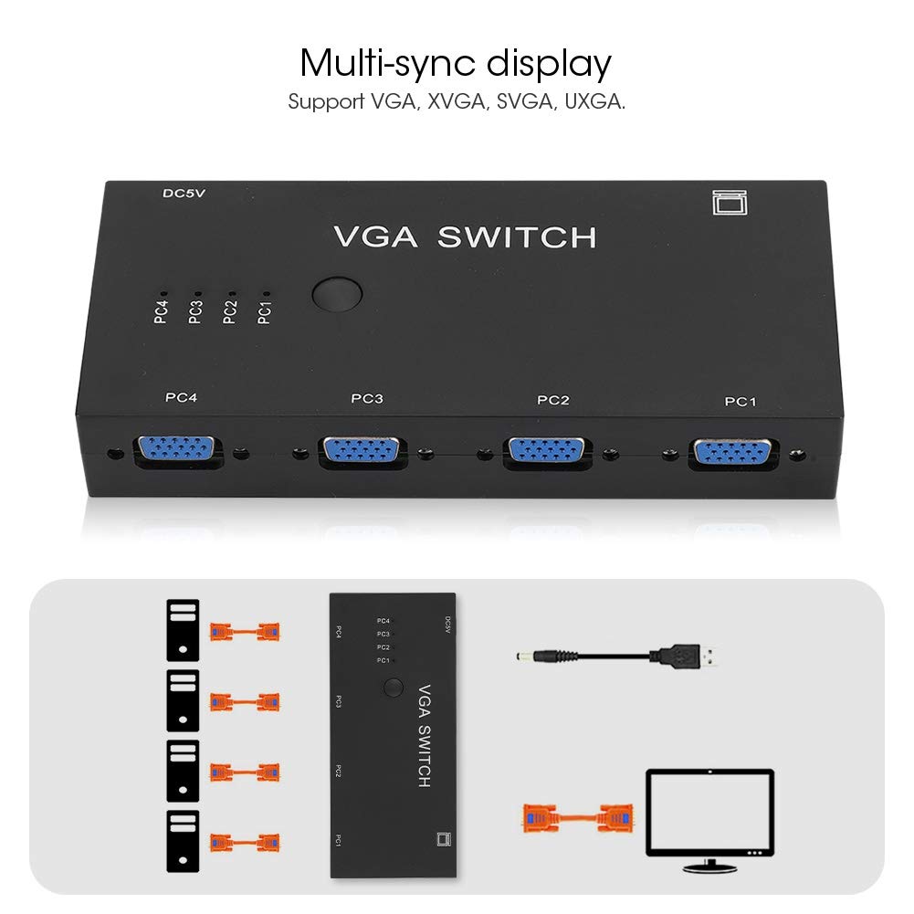 ASHATA VGA Switch de 4 Puertos VGA Splitter 4-in 1-out Video Converter Switcher Accesorio de Computadora 1920 X 1080 para Pantalla HD VGA y Video Metal Splitter Amplificador para PC con Pantalla LCD
