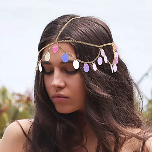 IYOU Boho Women Head Chain Gold Sequin Tassel Headpiece Layered Carnival Halloween Hair Pieces Accessories for Costumes Wedding Cosplay