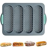 Chicrinum Baguette Bread Pan, Non-Stick Food Grade Silicone Bread Loaf Pan, 4 Cavity Perforated French Bread Baking Pan for Hoagie/Sub/Sandwich Rolls, Gray