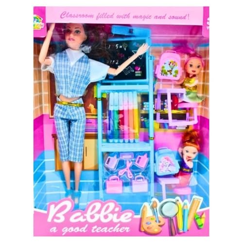 Image of EUPHORIA Toys Folding Hands Teacher Doll Toy Character Playset with 2 Baby Doll Play Set for Kids Girls Dolls Set