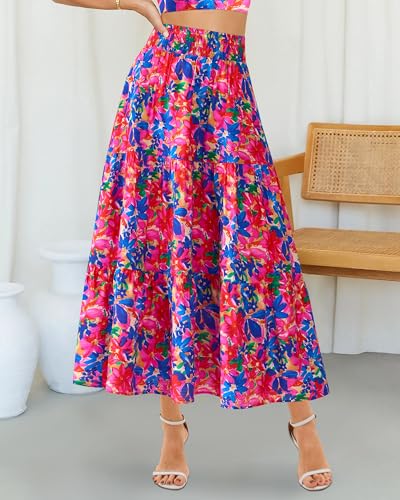 BTFBM Skirts for Women Summer 2026 Floral Print A Line Elastic High Waist Boho Maxi Skirt Spring Fashion Clothing Pocket(Floral Blue Pink, Small) — view 2
