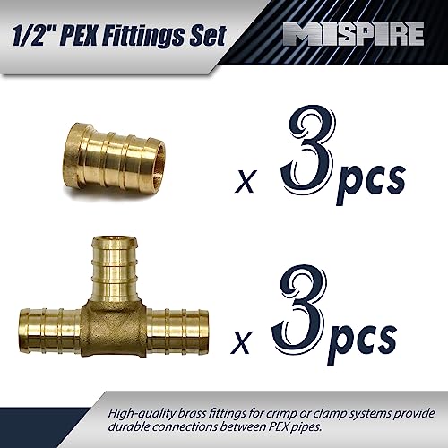 Image of 6 PCS 1 /2 inch Pipe Fittings, 3pcs Tee & 3pcs PEX Plug End Cap Fittings, Lead-Free Brass Barb Crimp for PEX Pipe Plumbing Projects by MISPIRE