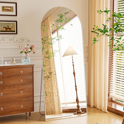 NEUWEABY Miroir de Sol Arqué de 165 x 60 cm Miroir Pleine Longueur avec Support, Argent Grand Miroir Mural à Suspendre ou à Poser Contre Le Mur pour Chambre à...