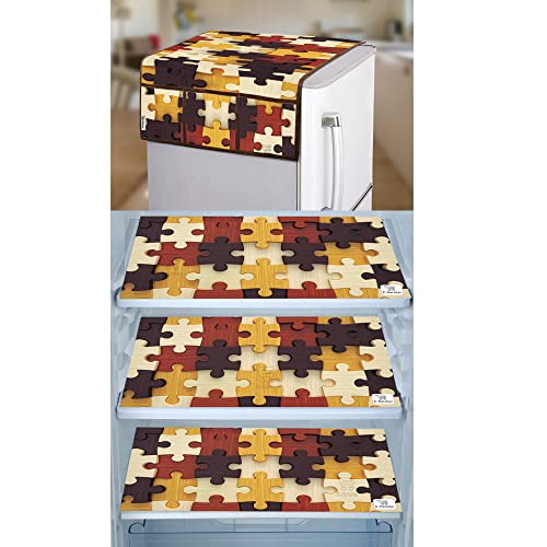 Image of Polyester 3-Layered Digital Printed Fridge Top Cover /Refrigerator Cover With Utility Pockets and Set of 3 Pc Fridge Mats (Color-Yellow, Size-39x21 Inches)