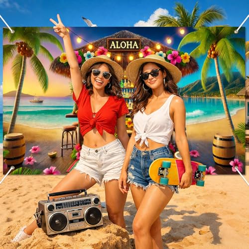 Image of BlissYard Aloha Tiki Bar Banner 71 x 43 Inch Hawaiian Luau Backdrop Tropical Beach Summer Party Decorations Hibiscus Palm Tree Photo Booth Background Indoor Outdoor Wall Decor