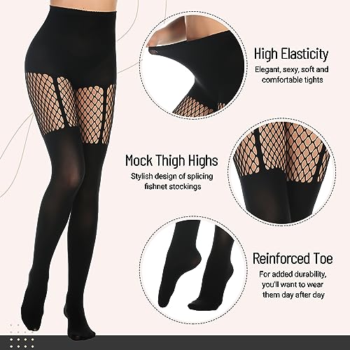 MANZI Womens Faux Thigh High Fishnet Stockings Stitching Opaque Pantyhose Mock Over the Knee Goth Striped Suspender Tights