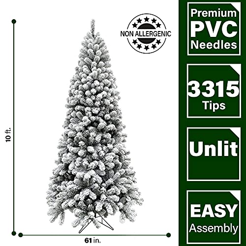 Fraser Hill Farm 10-Ft. Alaskan Pine Flocked Artificial Christmas Tree with Stand, Unlit Foldable Fake Tree with Realistic Snowy Foliage for Home Decoration