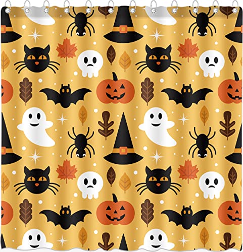 DePhoto Halloween Shower Curtain for Bathroom Pumpkin Black cat Kids Bat Spider Maple Leaf Leaves Wizard hat Cute Ghost Poliester Water Proof Fabric Decoration with 12Hooks 72x72inch