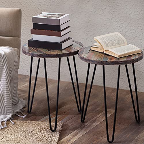 Greenage Wood End Table Bedroom Round Reclaimed Wooden Side Tables For Living Room Small Spaces Patio Outdoor Sofa Bedside Coffee Table, Unique Rustic Solid, Hairpin Table Legs, 18" X 18" X 20" Heigh #TOP1