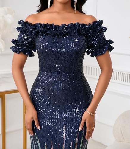 Image of dasmzper Women Sexy Sequin Off Shoulder Ruffle Short Sleeve Bodycon Mermaid Party Formal Evening Maxi Dress