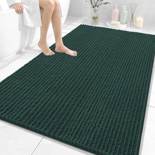 Image of OLANLY Bathroom Rug Mat 59x35, Thick Soft and Absorbent Chenille Bath Mat, Non-Slip Rubber Backing, Machine Washable Quick Dry Bath Rugs for Tub Shower Floor, Home Decor Accessories, Blackish Green