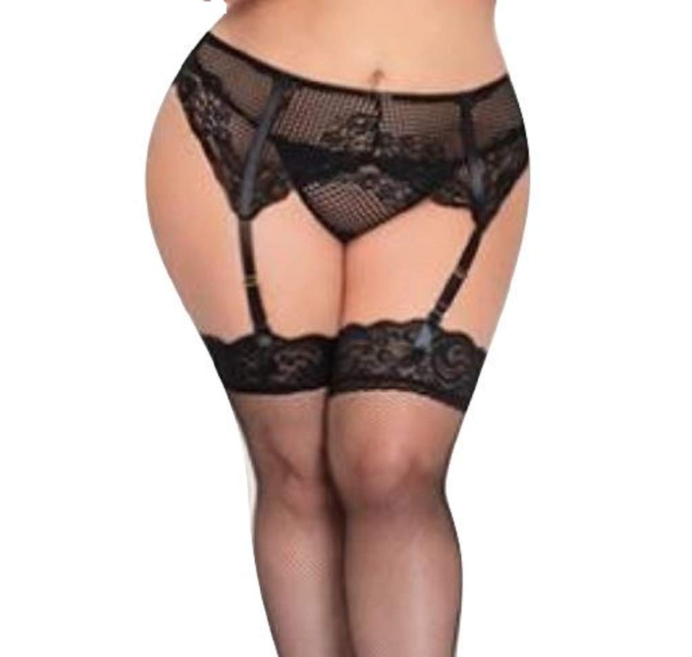 Seven 'til Midnight Crochet Lace Garterbelt & G-String Black Plus Size (3X/4X)