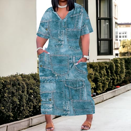 Image of SUZONANA Plus Size Denim Print Maxi Dresses for Curvy Women Casual Blue Jean Dress Summer Short Sleeve Tshirt Western Cowgirl Outfits 3XL