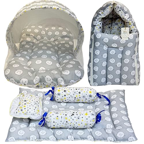 Image of Fareto Combo of Baby Bed with Net | Carry Bag | 4 Pcs Bedding Set (0-6 Months, Baby Size, Cotton) (Grey Sheep)