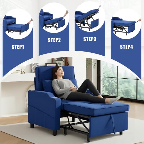Image of Sleeper Chair 5-in-1 Convertible Chair Bed Pull Out Adjustable Single Armchair Sofa Bed with USB Ports,Side Pocket,Cup Holder (Blue)