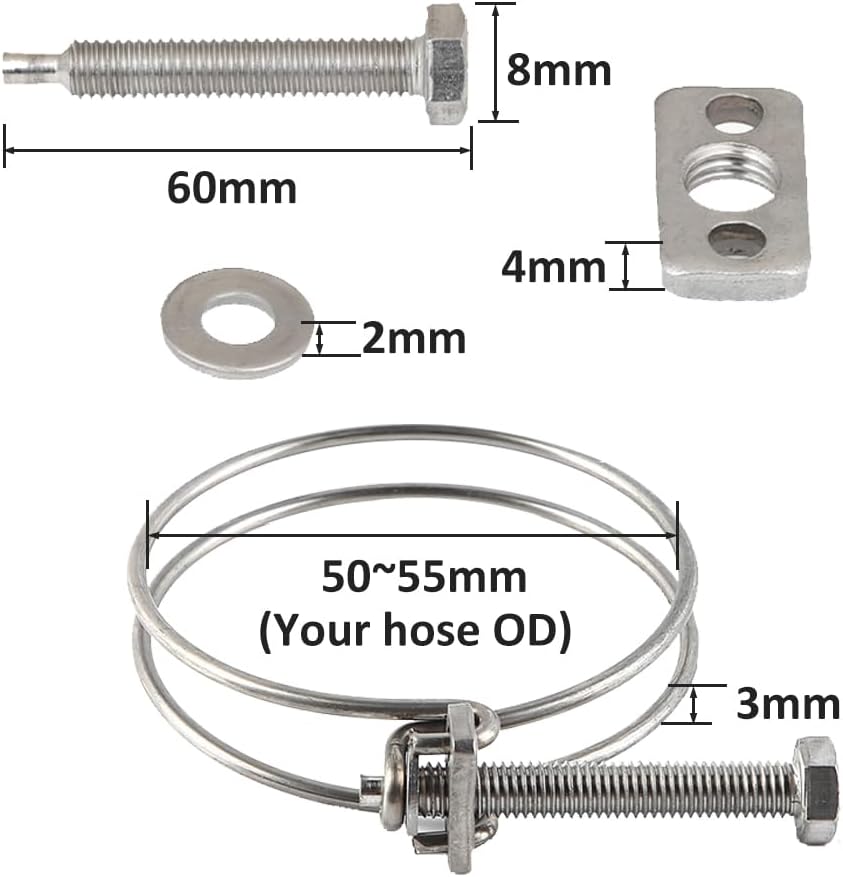 Adjustable Pipe Hose Clamp,60-65mm Double Wire Hose Clamps, 201 Stainless Steel Hose Clips, Universal Plumbing Pipe Tube Fastener Adjustable Hose Hoop(5055mm)