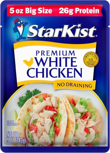 Image of StarKist Premium White Chicken inchBig Size inch, 5 oz Pouch (6 Pack) Ready to Eat Premium White Meat Chicken, 26g Protein Per Serving, Gluten Free, Soy Free, Perfect for Salads, Meals and Snacks