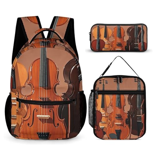 3-in-1 Backpack Set with Lunch Bag & Pencil Case, Monochrome String Instruments Backpack with Front Pocket, Insulated Lunch Tote, Large Capacity Pencil Pouch