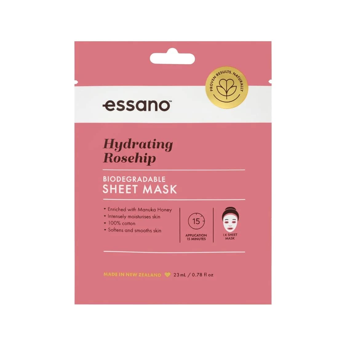 essanoRosehip Hydrating Biodegradable Sheet Mask Enriched with Manuka Honey - Restores and Intensely Moisturizes - Made in New Zealand