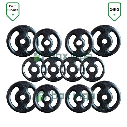 Kit com Barras de Halteres e Anilhas de Ferro Fundido - 24 Kg